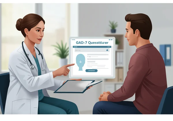 ผู้ปฏิบัติงานทางคลินิกกำลังพูดคุยผลลัพธ์ GAD-7 กับผู้ป่วย
