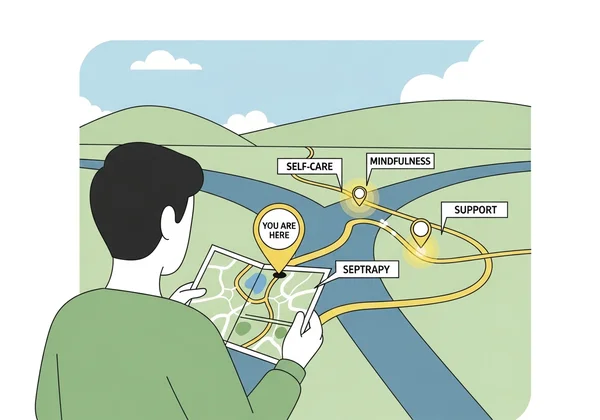 บุคคลกำลังดูแผนที่ที่มีเครื่องหมาย 'คุณอยู่ตรงนี้'
