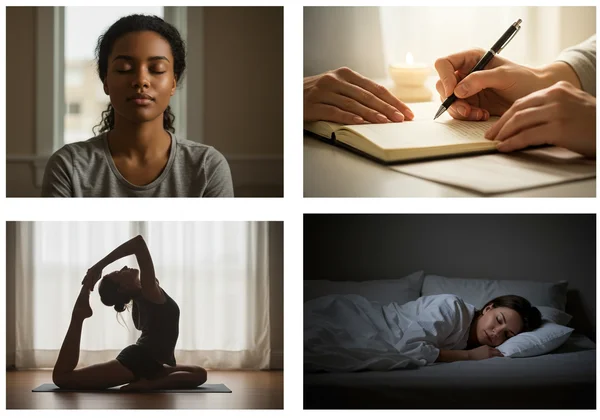 Collage of self-care: mindful breathing, journaling, exercise, sleep