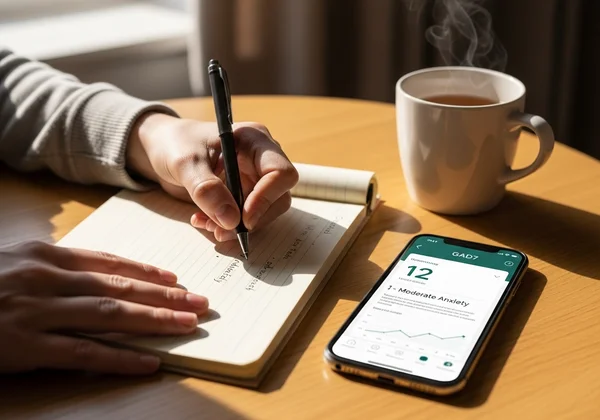 Person preparing notes and questions for doctor's appointment.