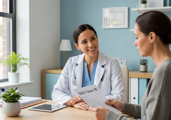 Doctor and patient discussing anxiety with empathy.