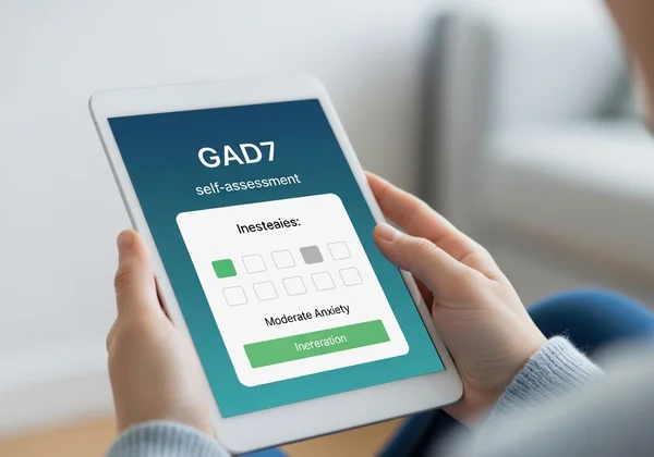 Person reviewing GAD7 results on a digital device.