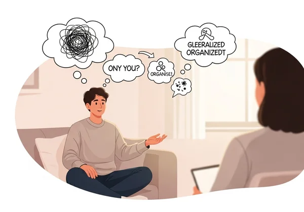 Depicts therapy (CBT/ACT) as a path to managing GAD